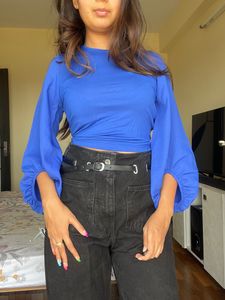 Blue Solid Crop Top With Back Details