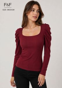 Maroon Puff Sleeve Square Neck Top