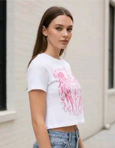 Shein Short Sleeves Graphic Front Print Crew Tshir