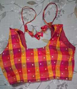 Vibrant Plaid Blouse with Gold Dots