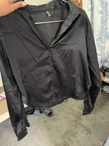Sleek Black Satin Button-Up Shirt