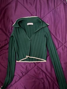 bershka green crop collared top