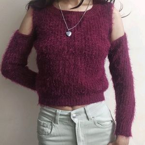Burgundy Cold Shoulder Fuzzy Knit