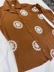 Chic Brown Floral Embroidered Shirt
