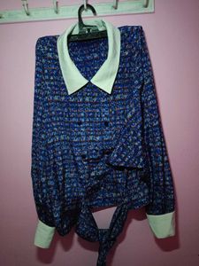 Blue Patterned Tie Waist Blouse