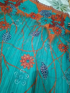 Sea Green Printed Saree With Unstitched Blouse