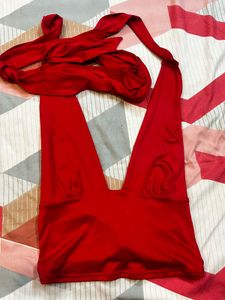 Red Halter Neck Crop Top with Scarf Detail