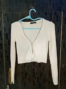 White Ribbed Cropped Cardigan