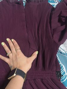 Elegant Plum Pleated Dress with Sequin Belt