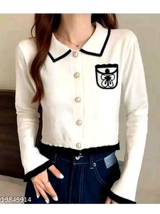 Chic White Cropped Cardigan with Black Trim