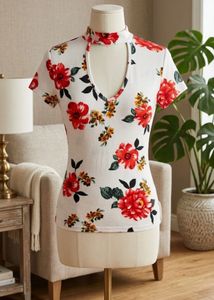 Chic Floral Print Cut-Out Top