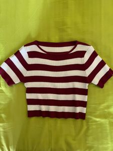 Maroon & White Striped Knit Top