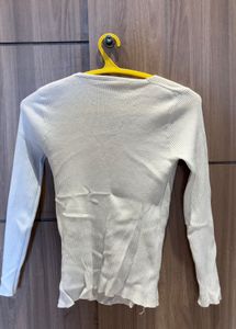 White V-Neck Ribbed Long Sleeve Top
