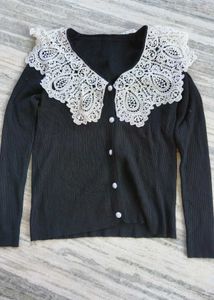 Elegant Black Cardigan Lace Collar,korean