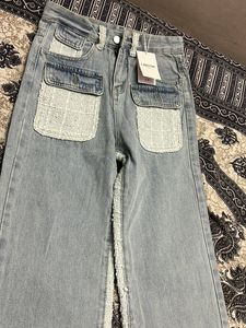 Trendy Tweed Pocket Wide-Leg Jeans