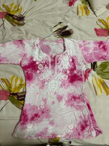 Pink Tie-Dye Kurta with White Embroidery