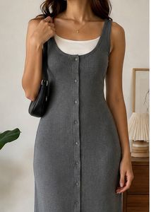 Ribbed Button-Front Midi Dress