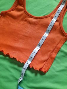 Orange Crop Tank Top With U Notch Neck Lettuce Hem