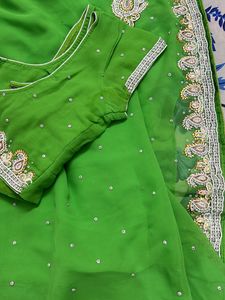 Parrot Green Colour Heavy Stone Work Saree With