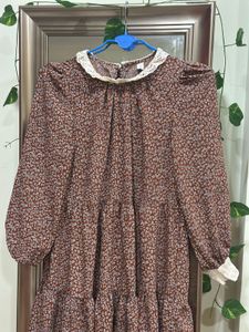 Brown Floral Print Dress with Lace Detail
