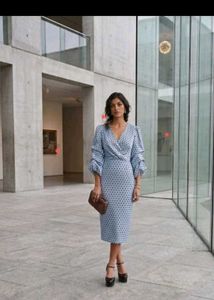 Elegant Blue Polka Dot Midi Dress