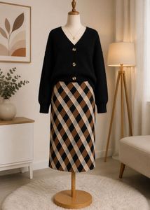 Chic Knit Plaid Midi Skirt