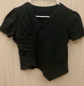 Black V-Neck Ruched Blouse
