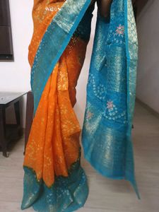 Orange and blue bandhani print saree with sequin w