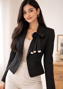 Chic Black Blazer with Bow Detail