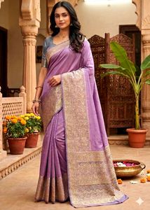 banarasi  Lavender Saree with Grey Blouse trending