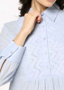 Light Blue Embroidered Button-Up Top