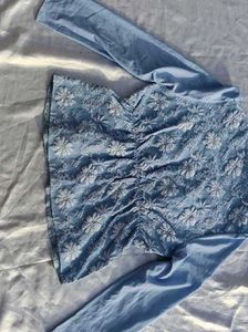 brand new(savana)patchwork blue Puff Sleeve Top