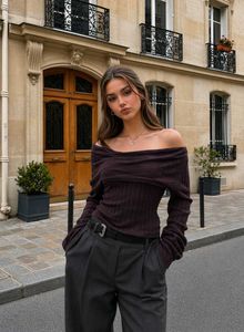 Y2K Brown Off-Shoulder Ribbed Knit Top