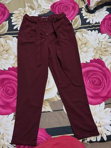 Maroon Belted High-Waist Trousers