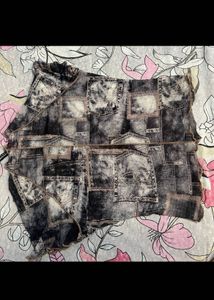 Unique Patchwork Denim Print Mesh Top