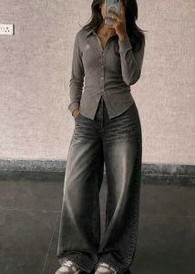Stylish grey acid-wash baggy jeans