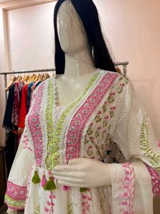 White Kurta Set with Pink &amp; Green Print