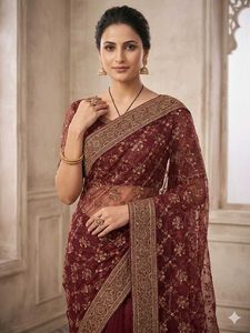 Maroon Embroidered Net Saree