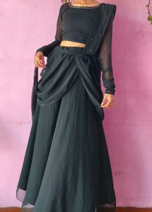 Pre draped black saree lehenga