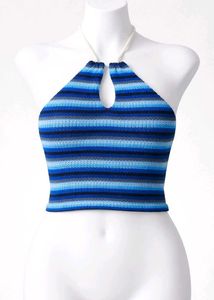 Blue Striped Halter Neck Crop Top