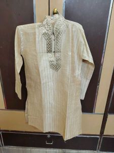 Men's Beige Embroidered Kurta