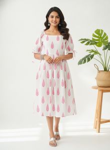 White Cotton Dress with Pink Leaf Print