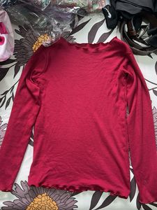 Red Long Sleeve Lettuce Trim Top