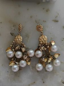 Elegant Pearl & Gold Tone Chandelier Earrings