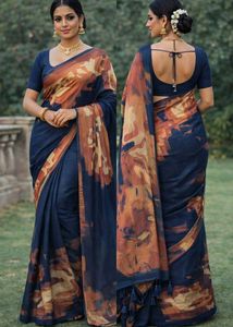 Elegant Blue & Brown Printed Saree