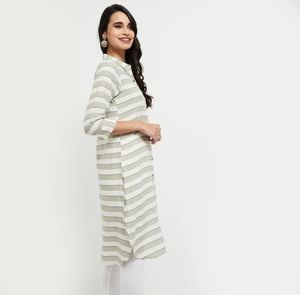 Women Striped Viscose Rayon Straight Kurta (White)