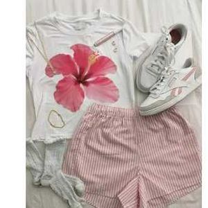 White T-Shirt with Pink Hibiscus Print