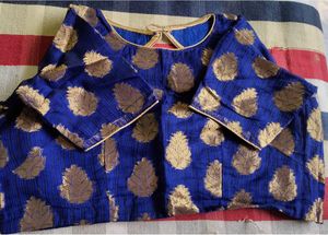 Royal Blue Brocade Blouse with Gold Leaf Print