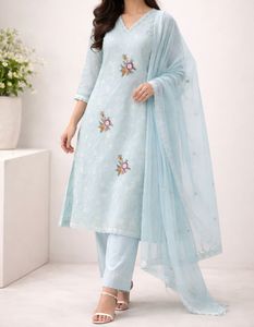 Sky Blue Embroidered Kurta Set, Dupatta & Pant