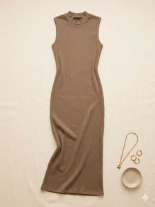Sleeveless Ribbed Mock Neck Midi Dress